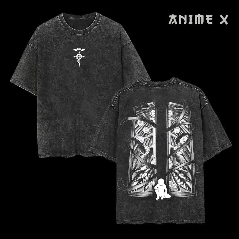 Retro Heavy Limited Gatekeeper - Fullmetal Alchemist Anime Double Printed Vintage Oversized Washed Tee Unisex Oversize Anime Manga Washed Heavyweight Cotton T-shirt, Gift For Anime Fan, Anime Lover