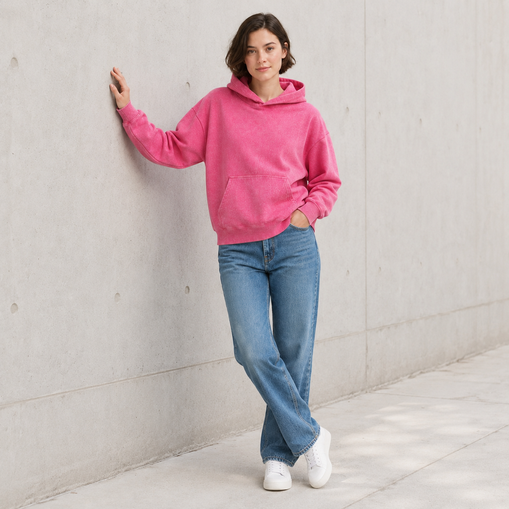 Vintage-wash distressed hooded sweatshirt—a versatile, relaxed-fit casual jacket with a laid-back, dropped-shoulder style.