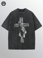 Couples Vintage Washed Printed T Shirt Cross Hand Pattern Embroidered Crew Neck Short Sleeve Loose Fit Straight Hem Graphic Design