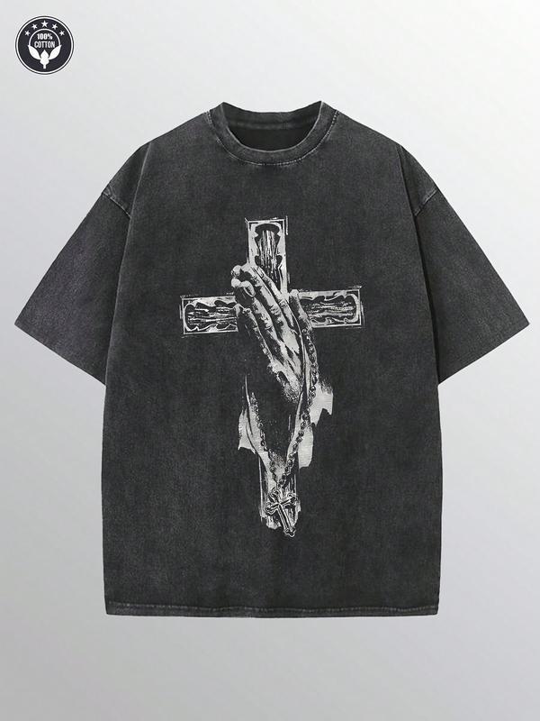 Couples Vintage Washed Printed T Shirt Cross Hand Pattern Embroidered Crew Neck Short Sleeve Loose Fit Straight Hem Graphic Design