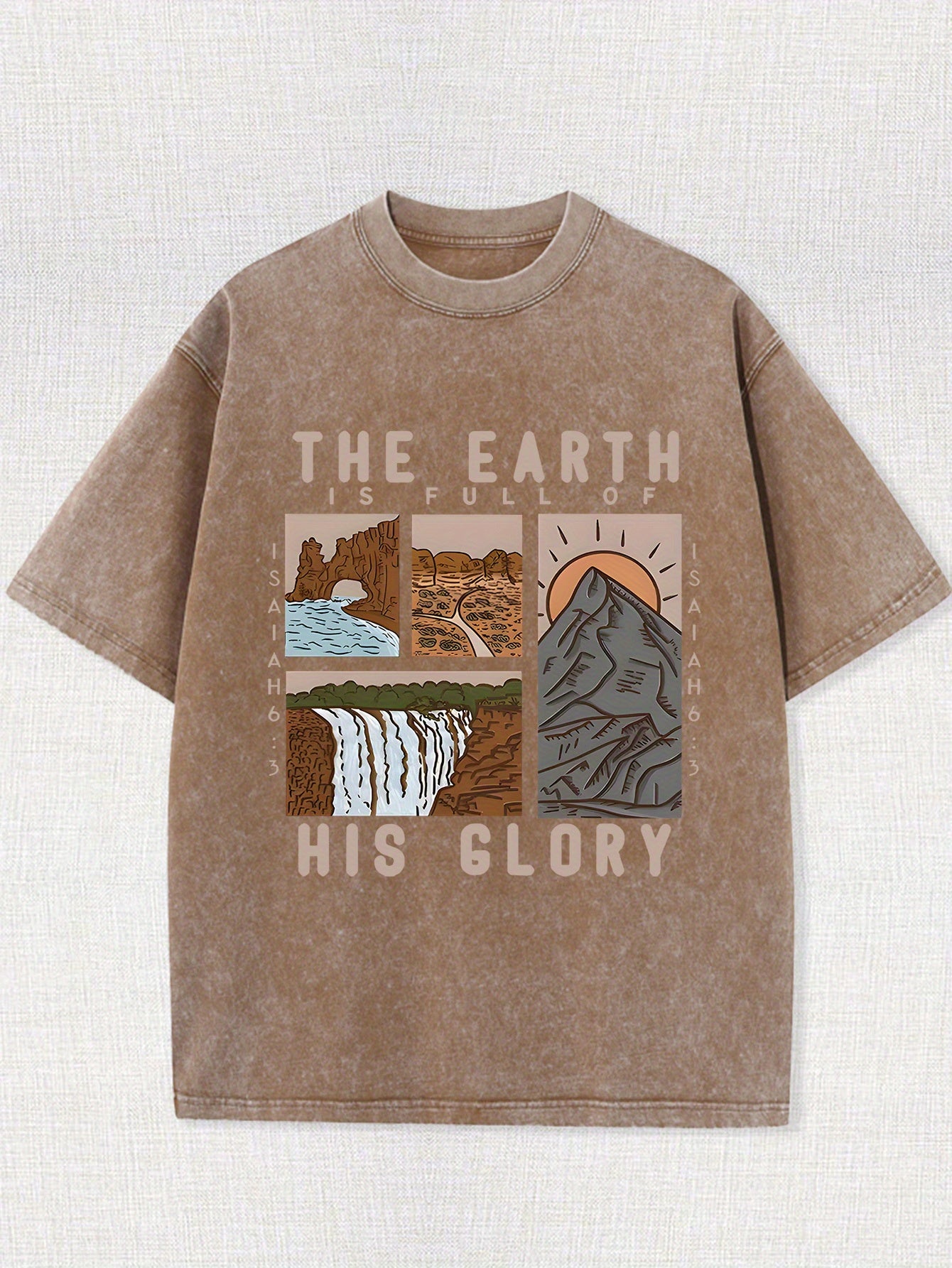 [Casual Style] Men's vintage washed cotton T-shirt - featuring the pattern of "The Earth is His Glory" and mountain and river prints, casual and loose-fitting, breathable short-sleeved T-shirt, suitable for casual wear and outdoor activities, vintage wash