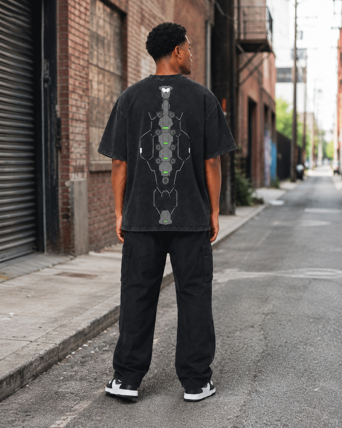 Vintage-Wash Short-Sleeve T-Shirt | Cyberpunk Mechanical Skeleton Double-Sided Techwear Print | Oversized Unisex Fit