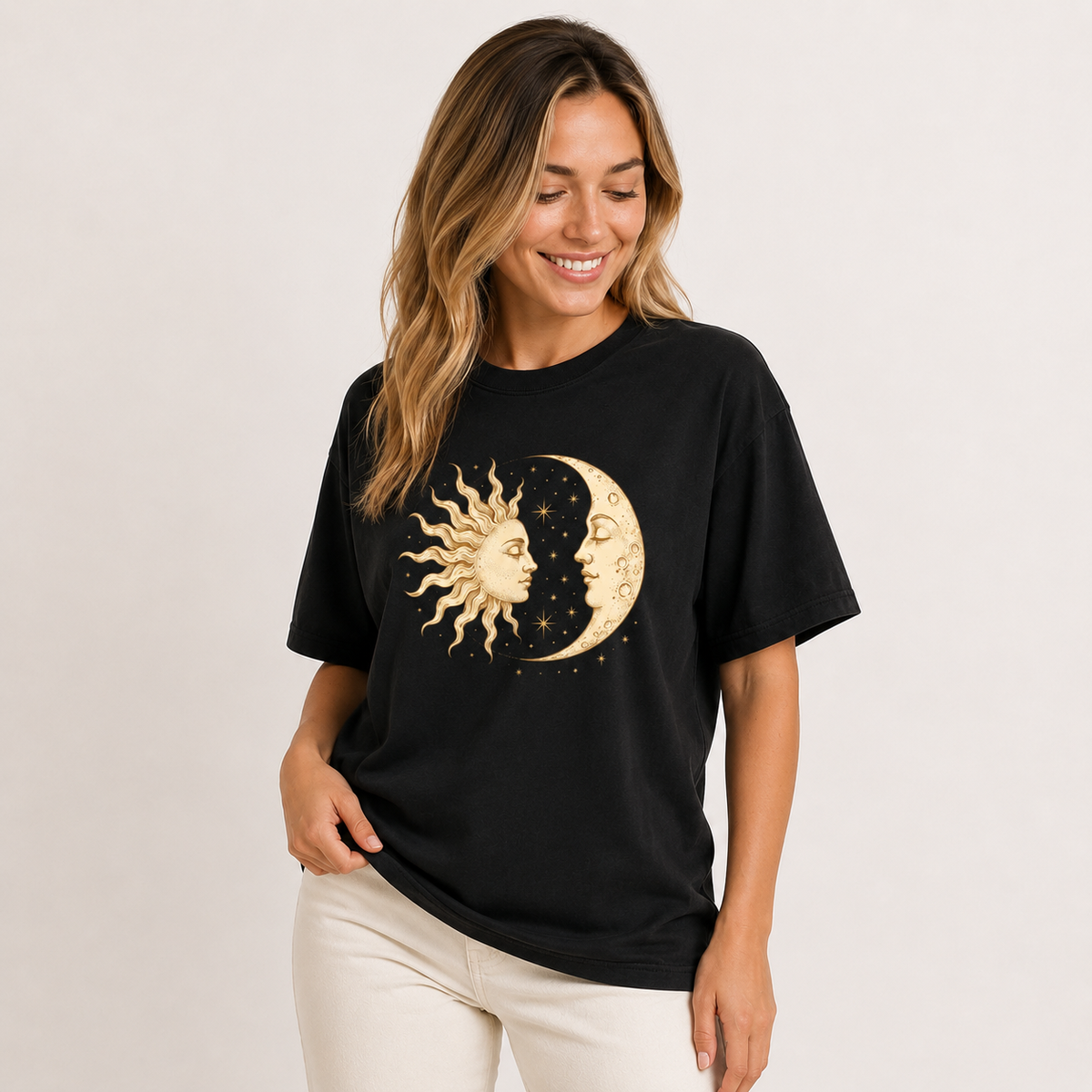 Oversized Black 100% Cotton T-Shirt with Vintage-Style Mystical Sun, Moon, and Star Print – Celestial/Astrology Theme