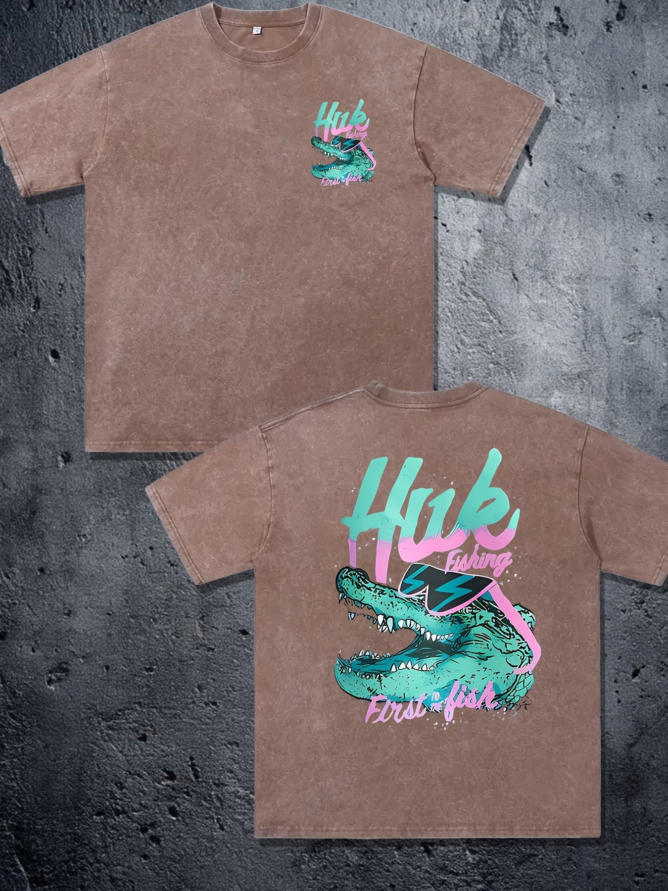 Huk Fishing First Fish Pattern Double-Sided Print | 230g Men'S Washed Vintage Loose Summer Casual Short-Sleeve T-Shirt | Crew Neck, Slight Stretch, All-Season, Great Gift for Street Wear