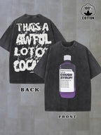 Men'S 230g Washed Soft Retro Street Style Cough Syrup Pattern and "Too Much" Print Short Sleeve Shirt | 100% Pure, Crew Neck, Distressed Texture, Breathable Fabric, Perfect for All-Season Wear