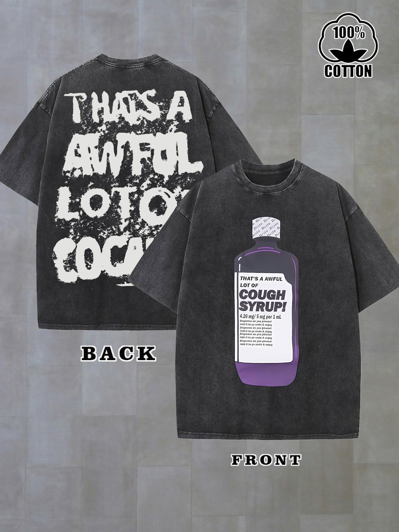 Men'S 230g Washed Soft Retro Street Style Cough Syrup Pattern and "Too Much" Print Short Sleeve Shirt | 100% Pure, Crew Neck, Distressed Texture, Breathable Fabric, Perfect for All-Season Wear