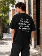 Heavyweight Pure Cotton Oversized T-Shirt – Washed & Distressed Finish, Double-Sided Print with Motivational Slogan; Minimalist American-Style Streetwear Top