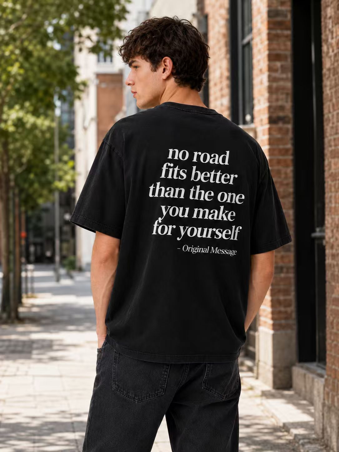 Heavyweight Pure Cotton Oversized T-Shirt – Washed & Distressed Finish, Double-Sided Print with Motivational Slogan; Minimalist American-Style Streetwear Top