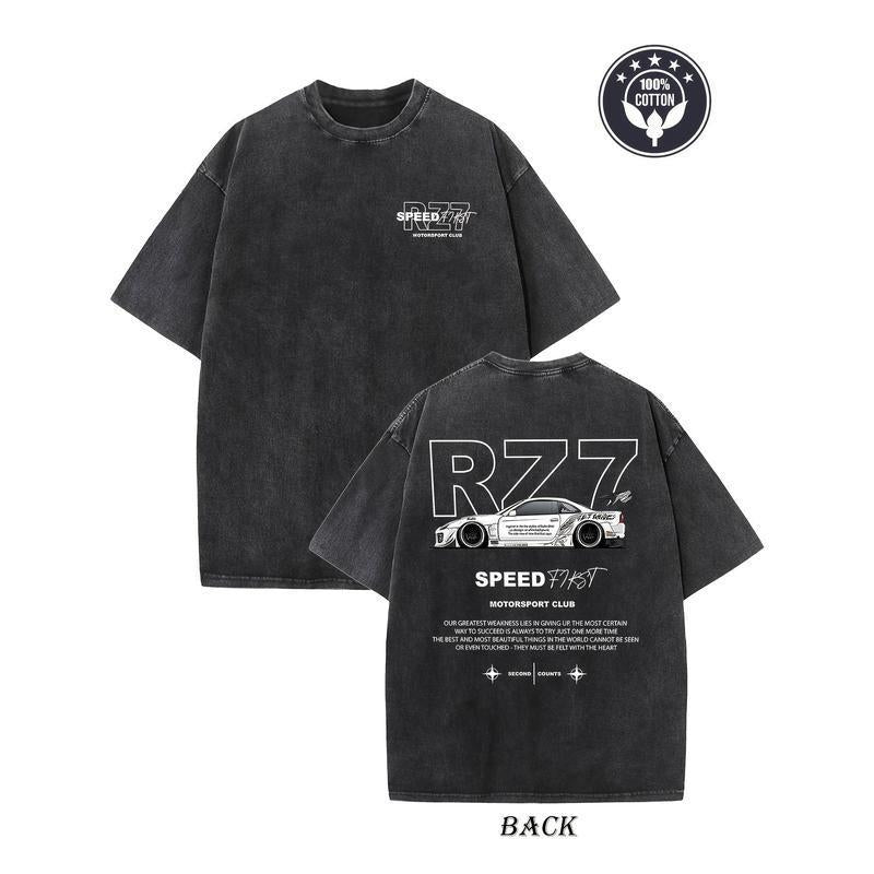 Retro Vintage Creative Pattern "Fast And Furious" Washed T-shirt Double-sided Printed T-shirt Heavy 230g Pure Cotton Falling Shoulder T-shirt Men'S Retro Street T-shirt Basic T-shirt Loose Hip Hop Universal Top Washed Retro T-shirt
