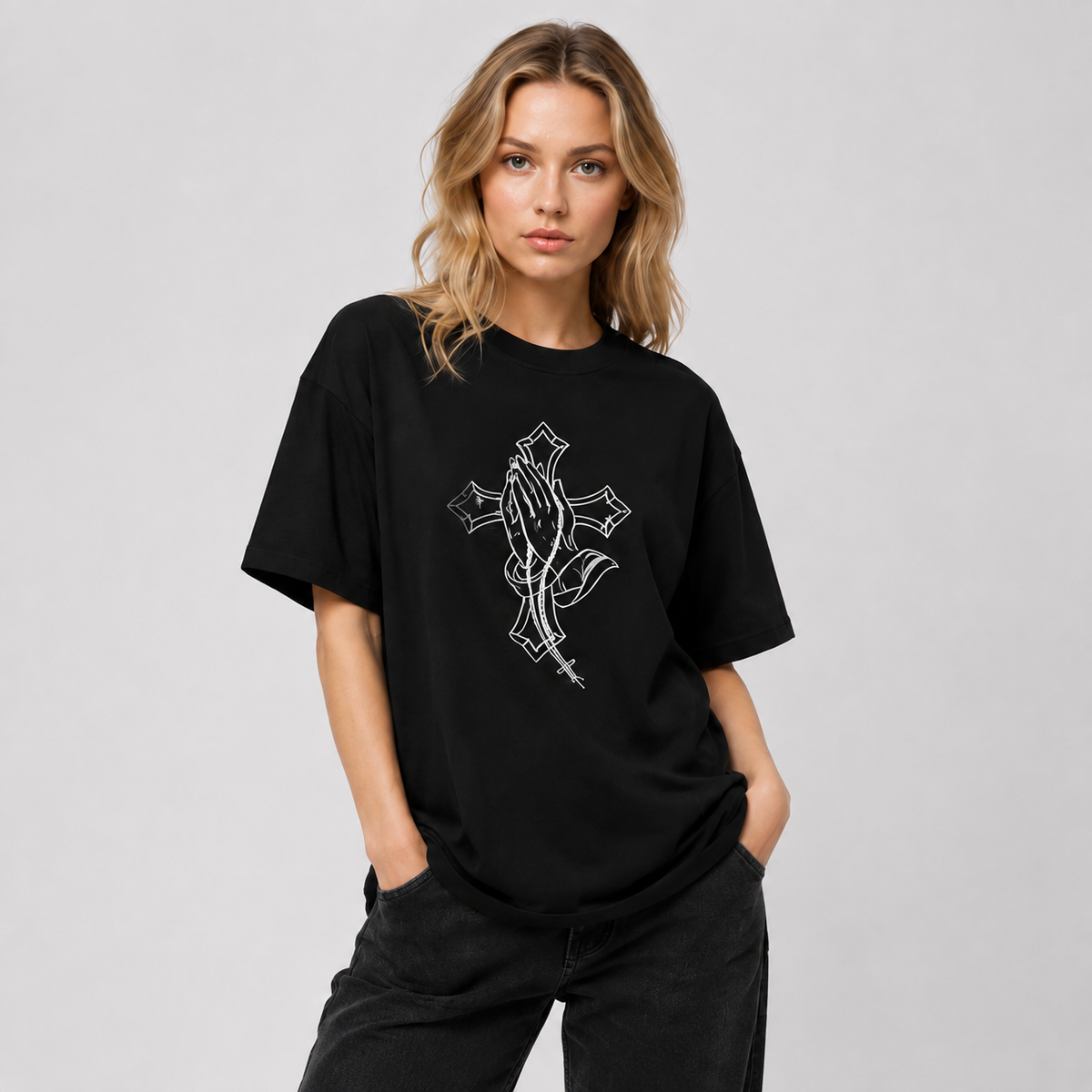 Women's Loose Oversized Cotton T-Shirt – Dark Gothic Style with Front & Back Prints – Edgy Streetwear Short-Sleeve Tee