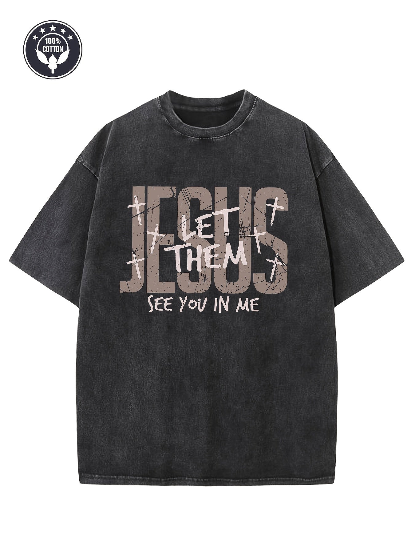 Men'S Retro Christian Faith Heavyweight 230g T-Shirt | Loose Casual Beige Washed Street Style with 'Let Them See Me in You' Letter Print - Crew Neck, Short Sleeve, All-Season Comfort, Machine Washable