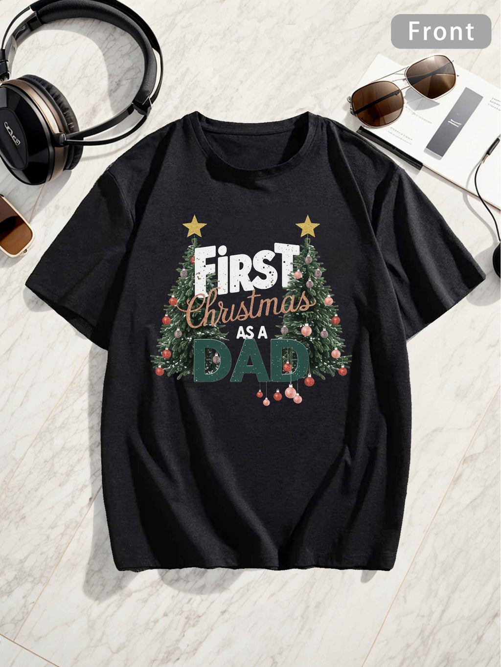 Men's casual daily cotton T-shirt 180g pure cotton oversized Christmas theme creative modern style fashionable versatile top men's T-shirt pure cotton short sleeved summer casual short sleeved T-shirt all season universal