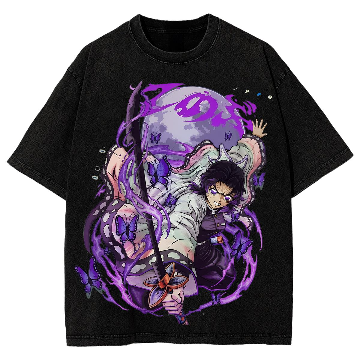 Vintage-Wash Oversized Short-Sleeve T-Shirt | *Demon Slayer* Shinobu Kocho (Purple Moon & Butterfly) Graphic — Unisex High-Street Style