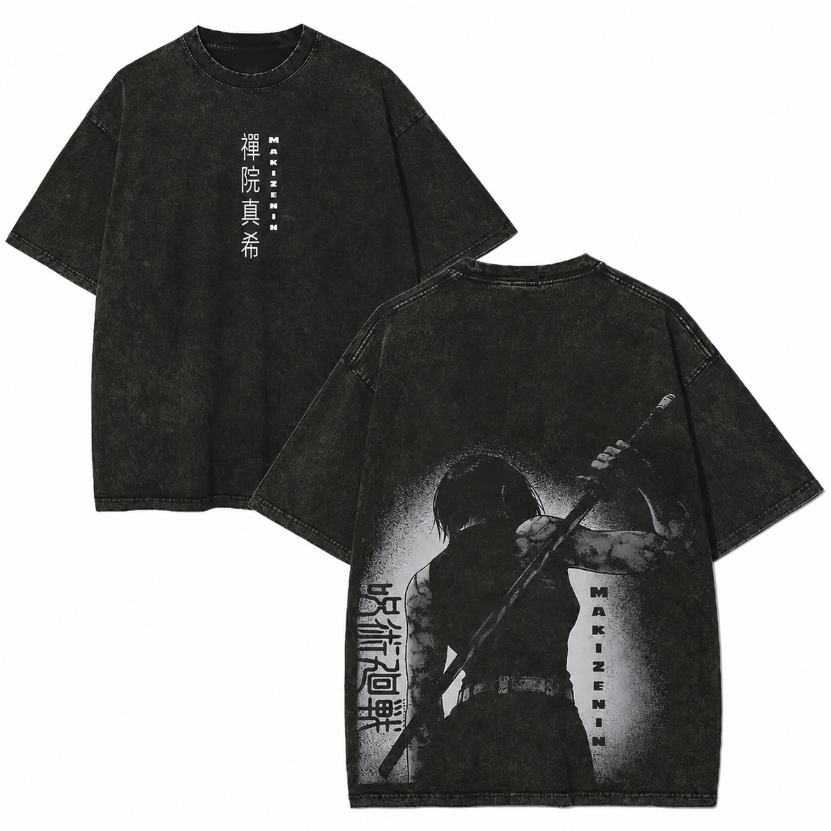 American-style acid-washed distressed *Jujutsu Kaisen* Maki Zenin graphic T-shirt (front & back print); heavyweight, oversized, dark-aesthetic anime tee—unisex vintage style.