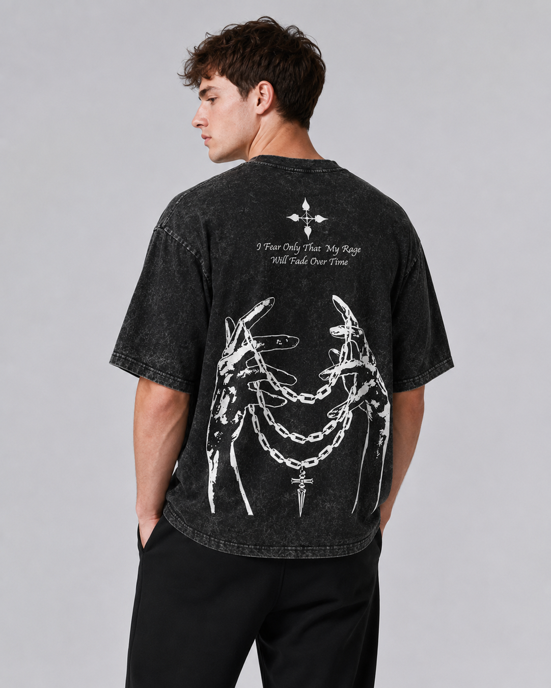 Vintage-Wash Short-Sleeve T-Shirt | Dark Subculture Graphic (Spider, Chains, Hands, Cross) — Double-Sided Print — Unisex Oversized Fit