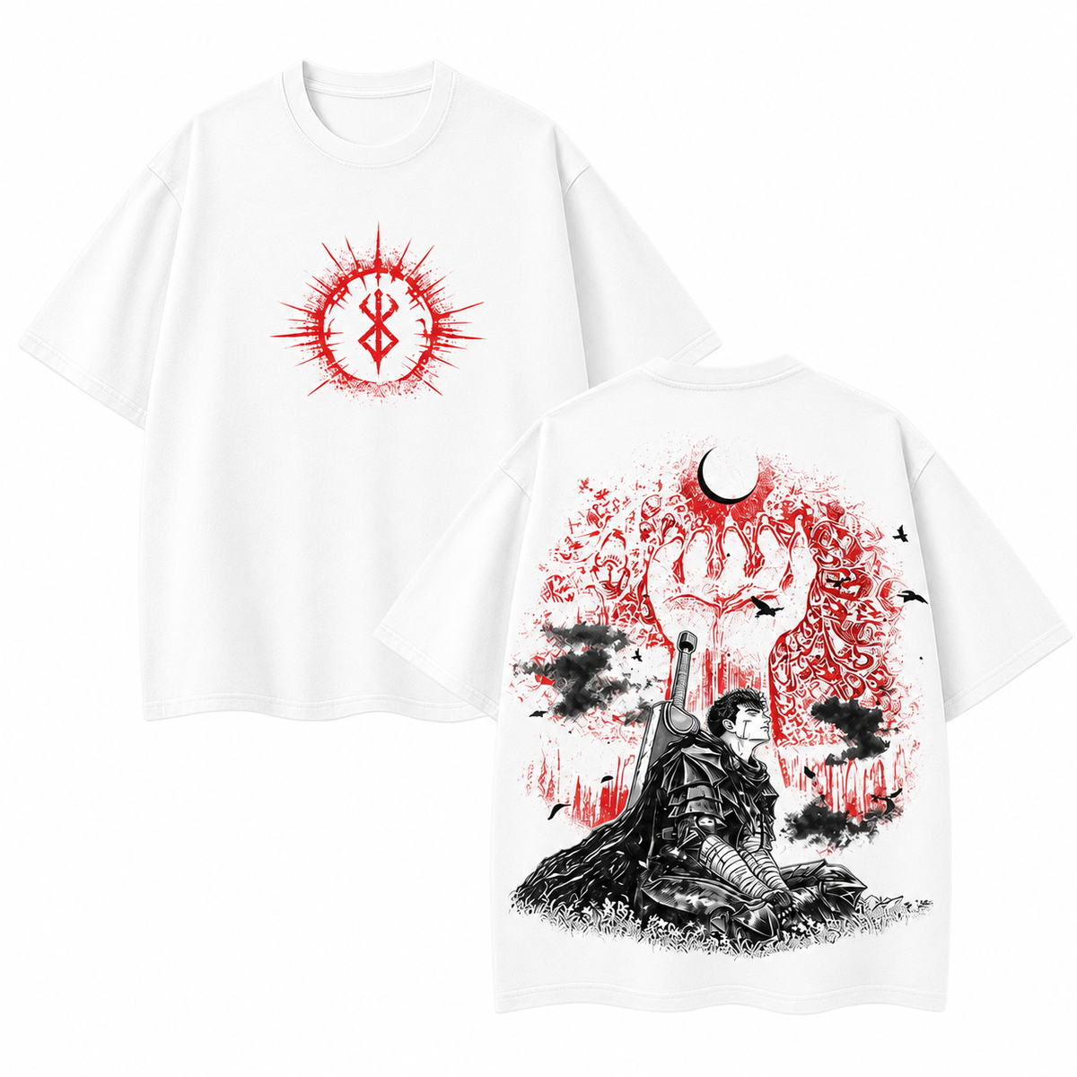Vintage Stone-Washed *Berserk* Guts Anime T-Shirt – Dark "Crimson Moon" Demon Graphic, Distressed High-Street Oversized Heavyweight Tee