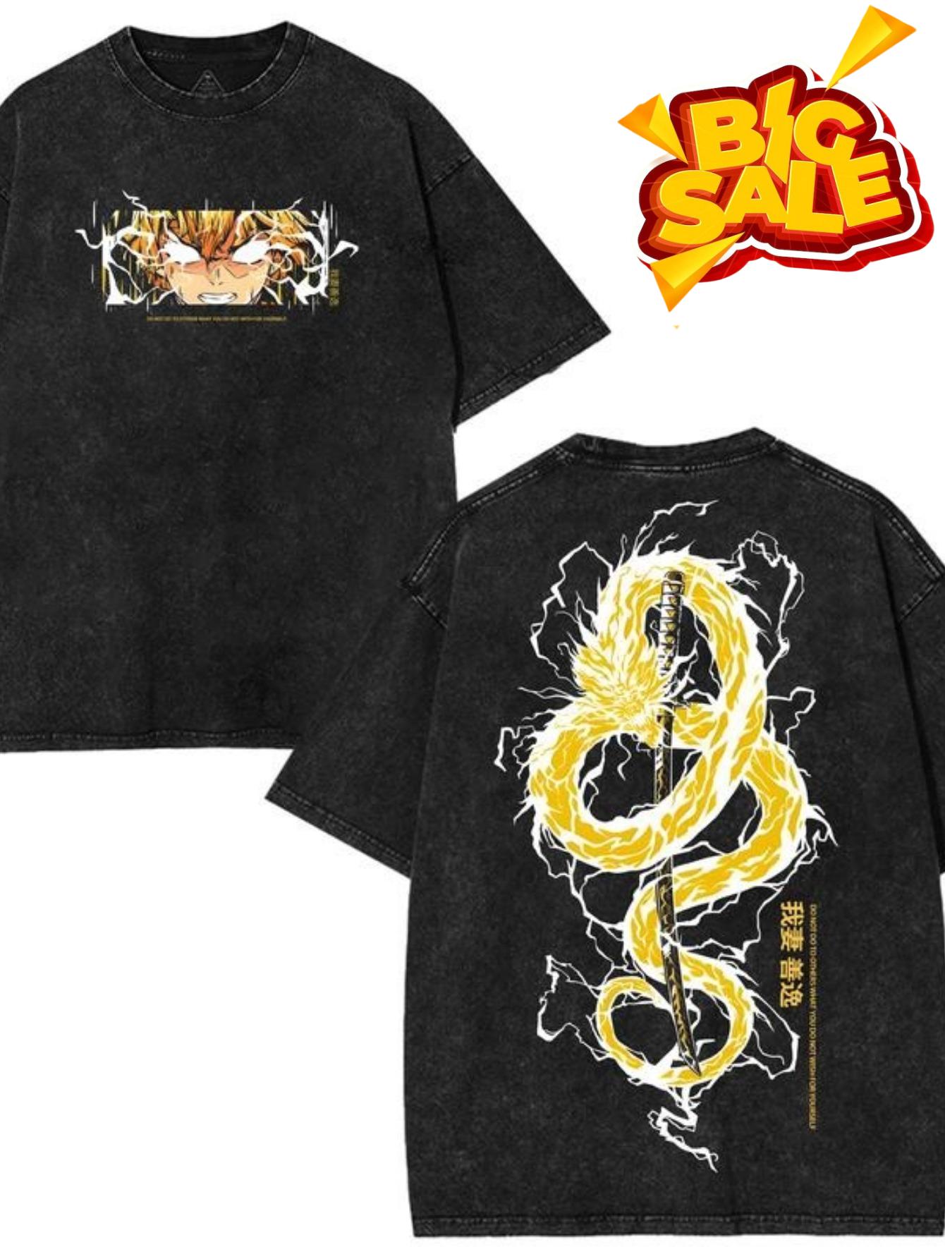Men's Retro Anime Washed Cotton T-Shirt - Double-Sided Oriental Dragon Print, Y2K Streetwear, Anime/Manga Gift