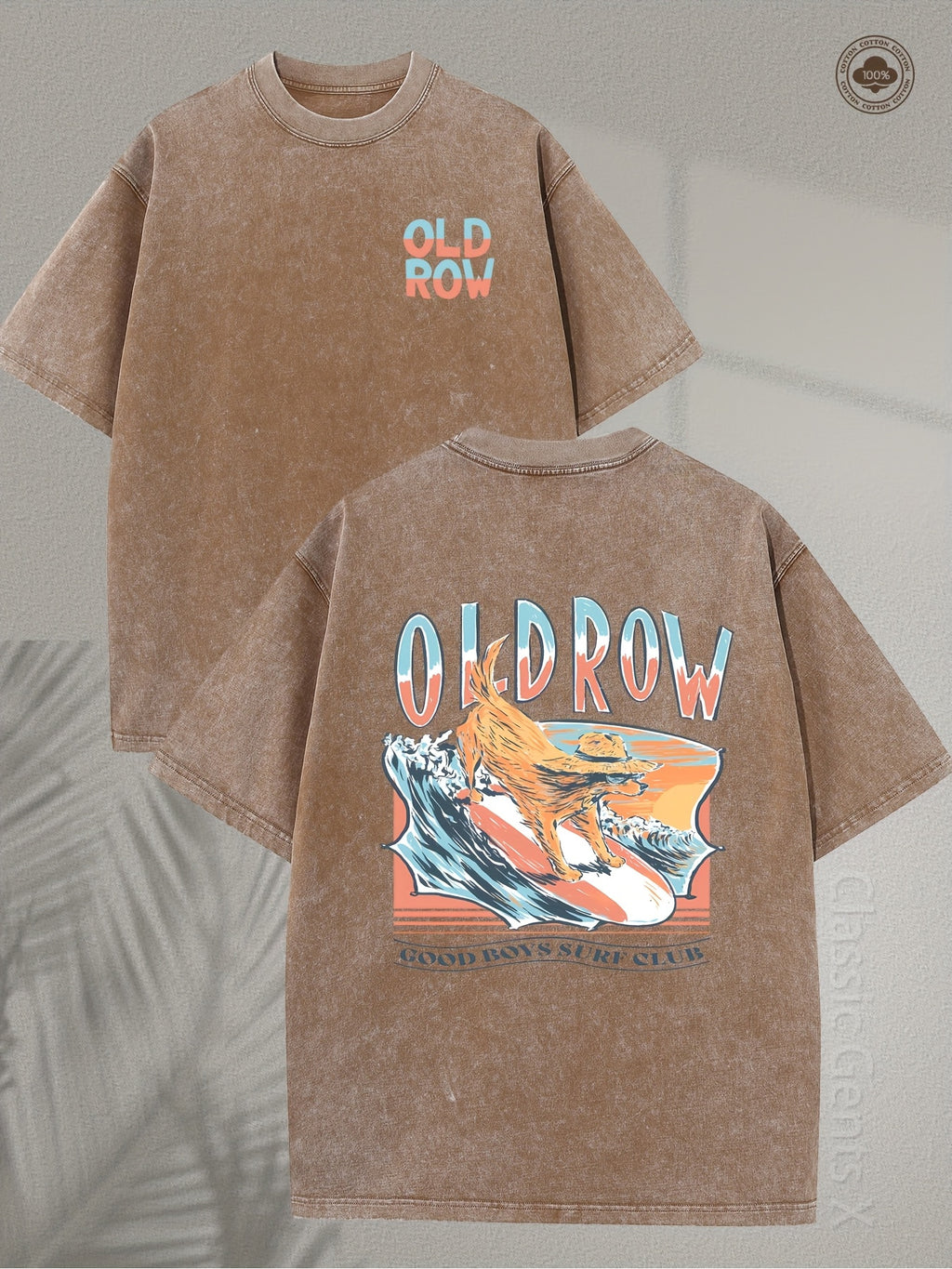 Men's & Unisex Heavyweight 250g Washed Cotton T-Shirt - Vintage Surf Club Shirt with Retro Surfboard & Wave Graphics in Blue Green/Orange, Old Row Good Society Logo, Loose Fit for Beach Party, Casual Wear, Surf Lifestyle (Machine Washable