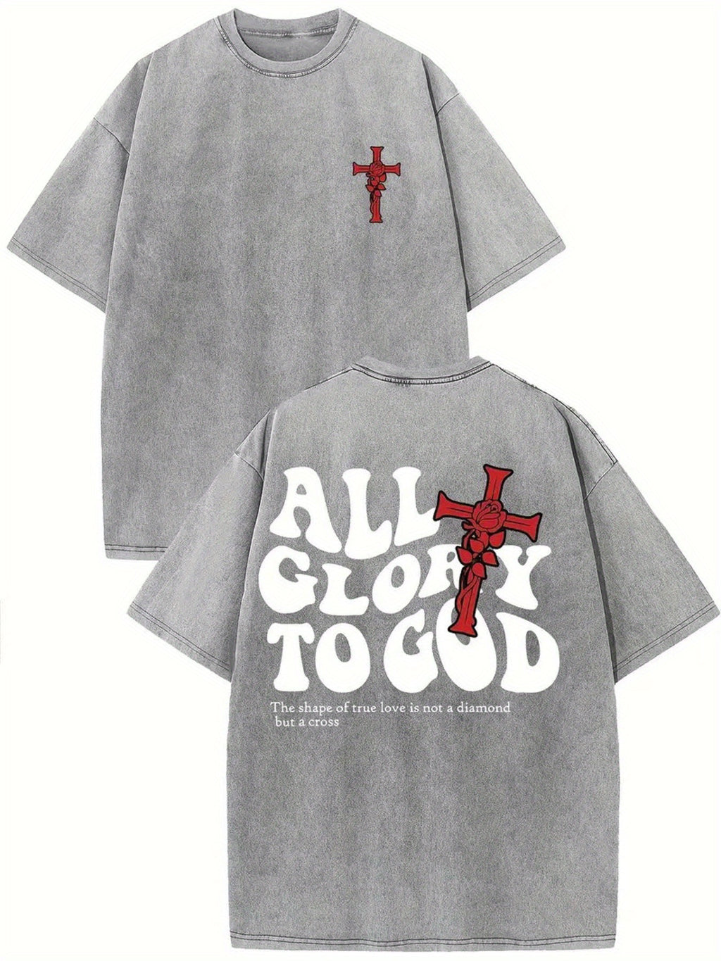 1pc Men's 230GSM Heavy Cotton T-Shirt- Double-Sided Washed Retro Street Style 'Glory to God' Cross Print, Black with White and Red Letters, Regular Fit Crew Neck All-Season Casual Top, Holiday Gift