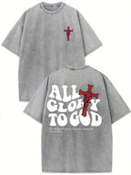 1pc Men's 230GSM Heavy Cotton T-Shirt- Double-Sided Washed Retro Street Style 'Glory to God' Cross Print, Black with White and Red Letters, Regular Fit Crew Neck All-Season Casual Top, Holiday Gift