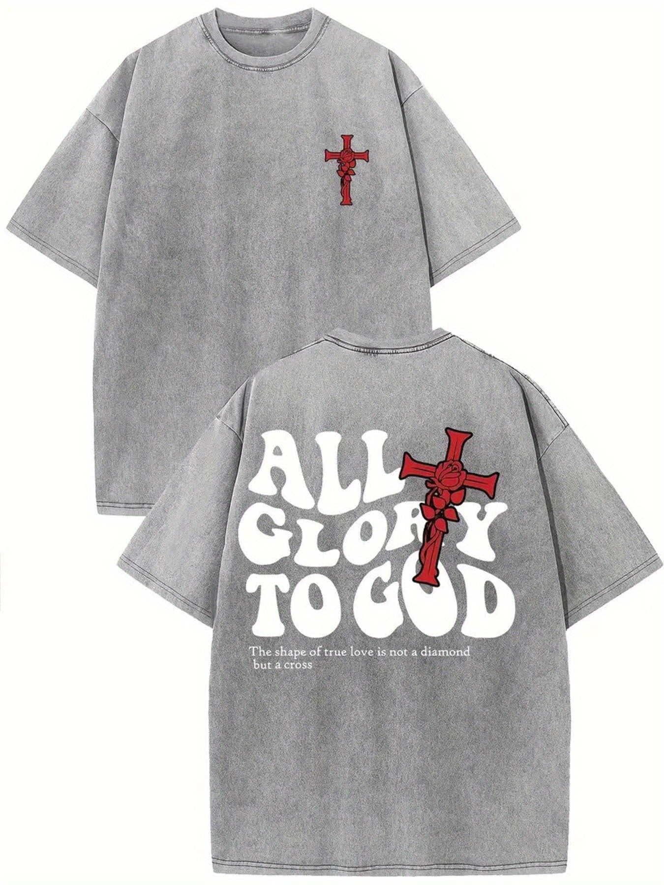 1pc Men's 230GSM Heavy Cotton T-Shirt- Double-Sided Washed Retro Street Style 'Glory to God' Cross Print, Black with White and Red Letters, Regular Fit Crew Neck All-Season Casual Top, Holiday Gift