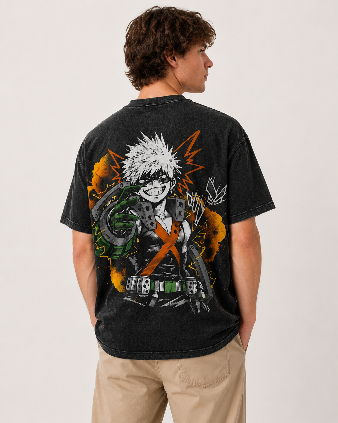 American-style acid-washed distressed Katsuki Bakugo anime print short-sleeved T-shirt, heavyweight retro wash, oversized, loose fit, unisex.