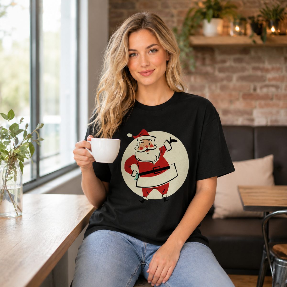 Vintage-Style Santa Short-Sleeve T-Shirt – 100% Cotton, Festive Crew-Neck Tee