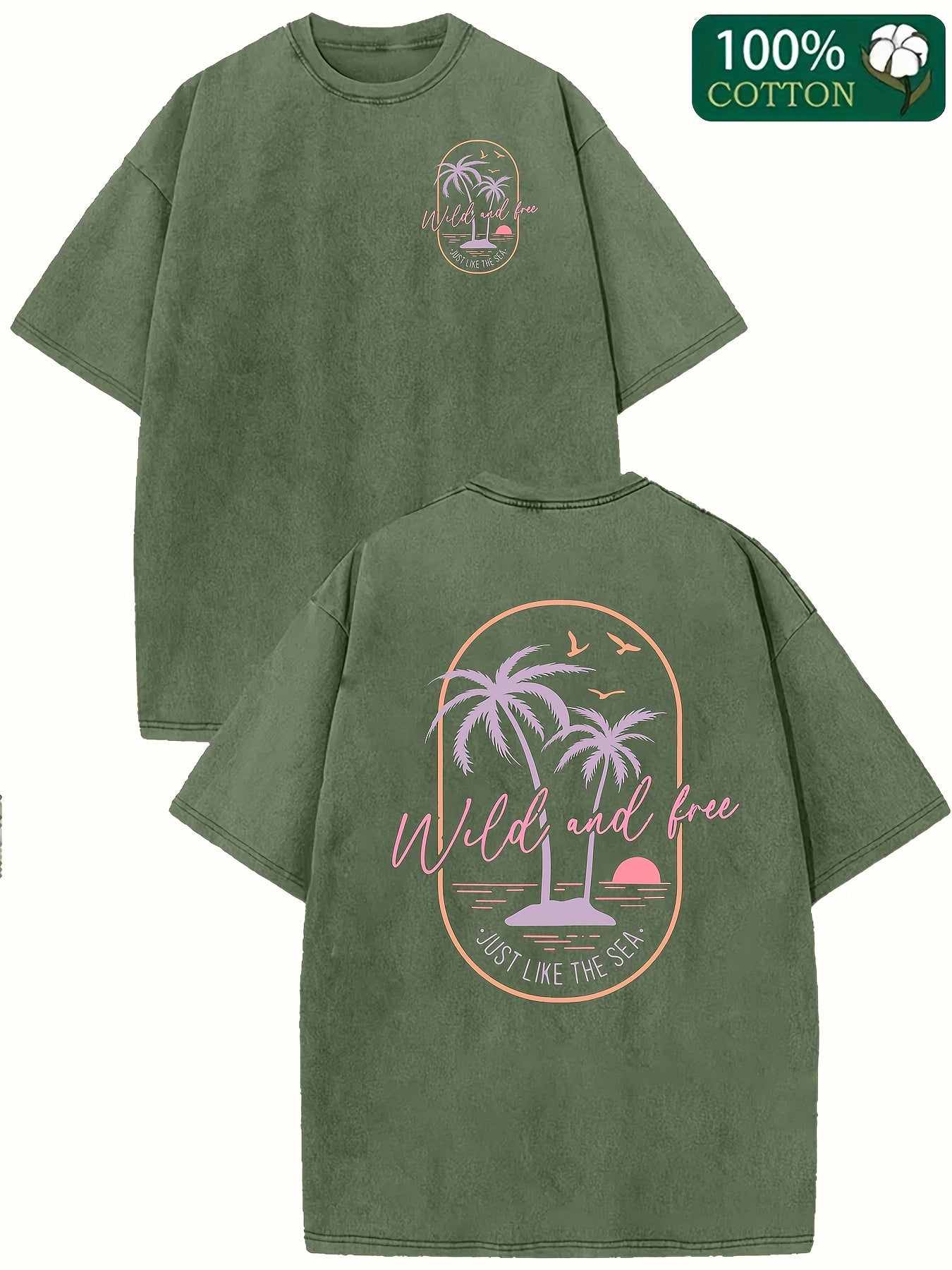Men's Heavyweight 230g 100% Cotton T-Shirt - Vintage Surf Style with Tropical Palm Tree & Surfboard Print, Light Pink & Orange Retro Beach Design, Loose Fit Short Sleeve Tee for Surfing, Vacation, Casual Wear - Ideal Surf Gift