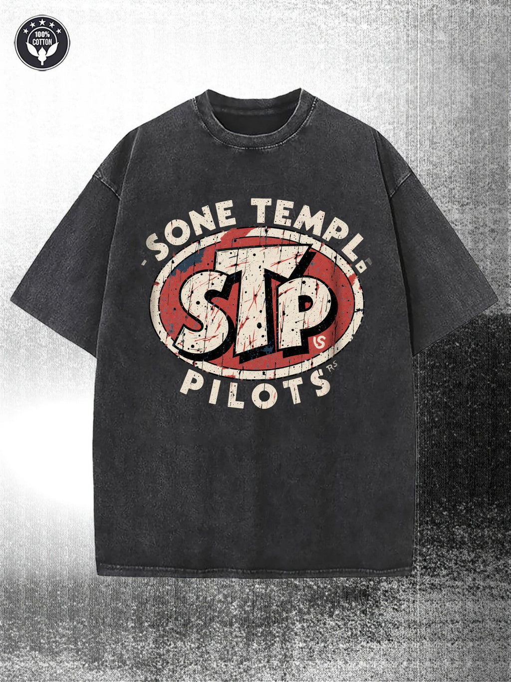 Retro Black 230G Washed Cotton Retro Street Style Short-Sleeved Shirt, Decorated with Sone Temple& Pilots Logo, STP Red Oval Badge, round Neck Short Sleeve Casual Style, Suitable for All Seasons