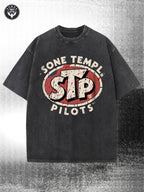 Retro Black 230G Washed Cotton Retro Street Style Short-Sleeved Shirt, Decorated with Sone Temple& Pilots Logo, STP Red Oval Badge, round Neck Short Sleeve Casual Style, Suitable for All Seasons