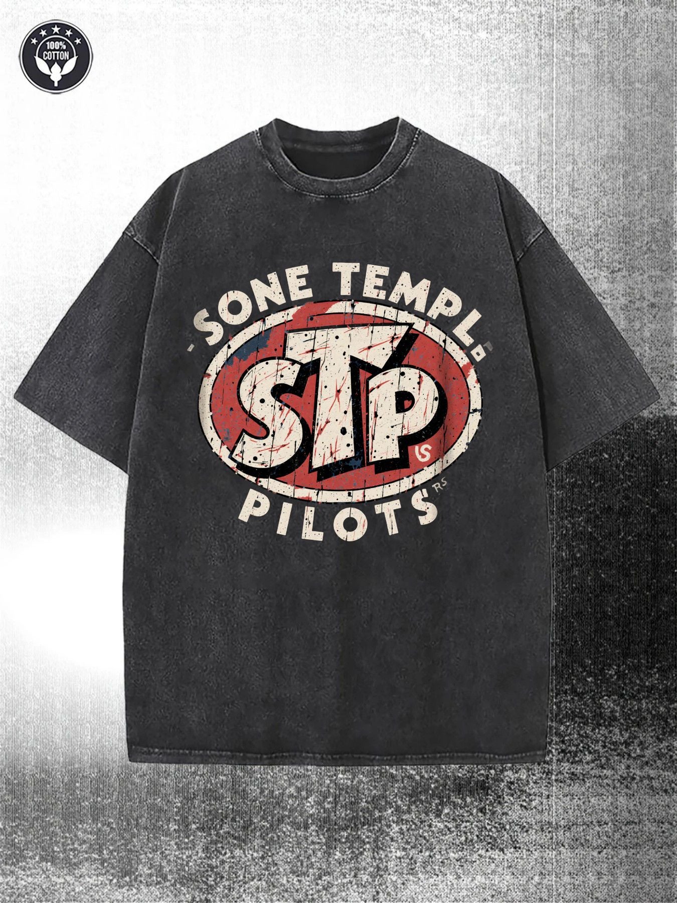 Retro Black 230G Washed Cotton Retro Street Style Short-Sleeved Shirt, Decorated with Sone Temple& Pilots Logo, STP Red Oval Badge, round Neck Short Sleeve Casual Style, Suitable for All Seasons