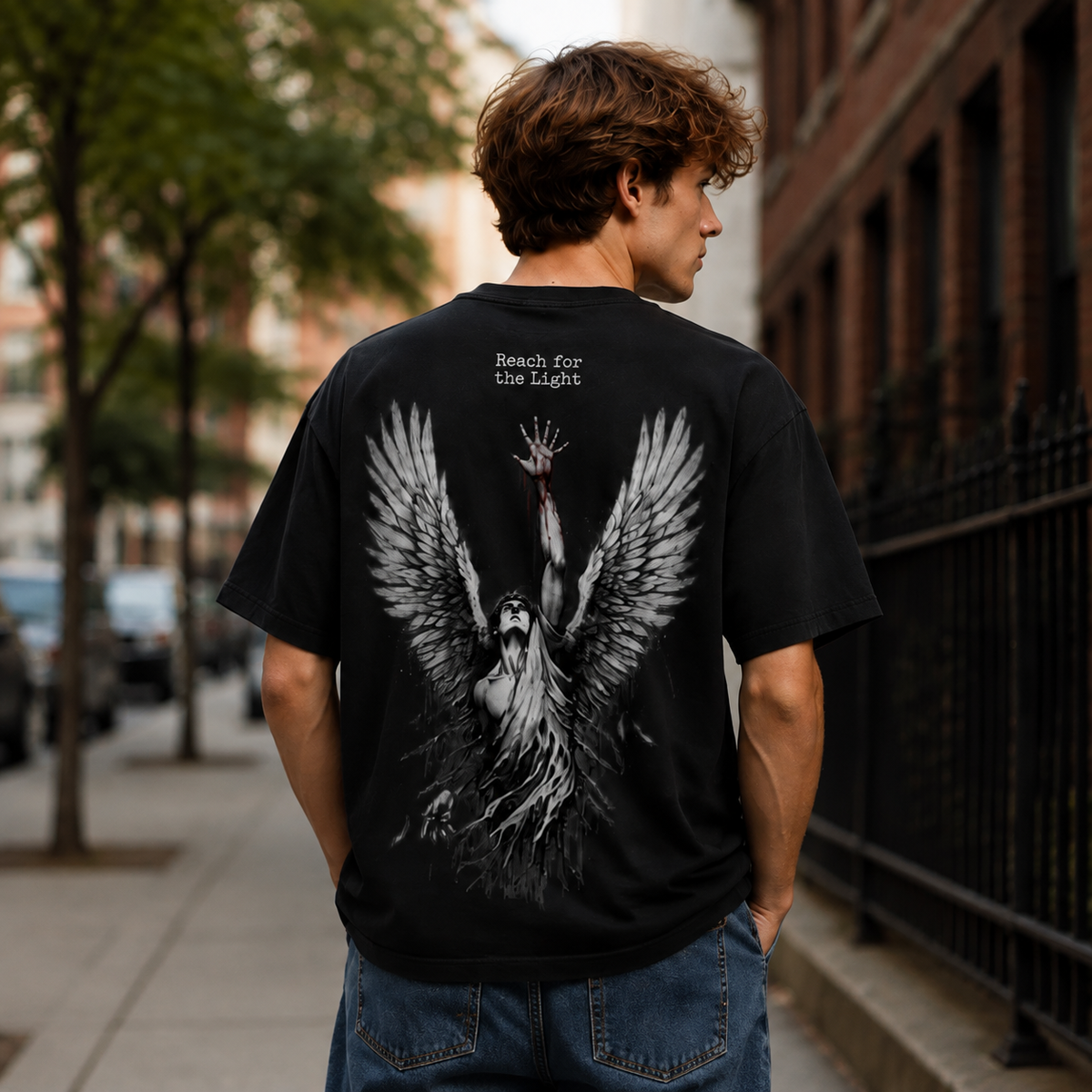 Faith-themed distressed black short-sleeve T-shirt: 100% cotton, oversized, double-sided print, vintage casual religious style.