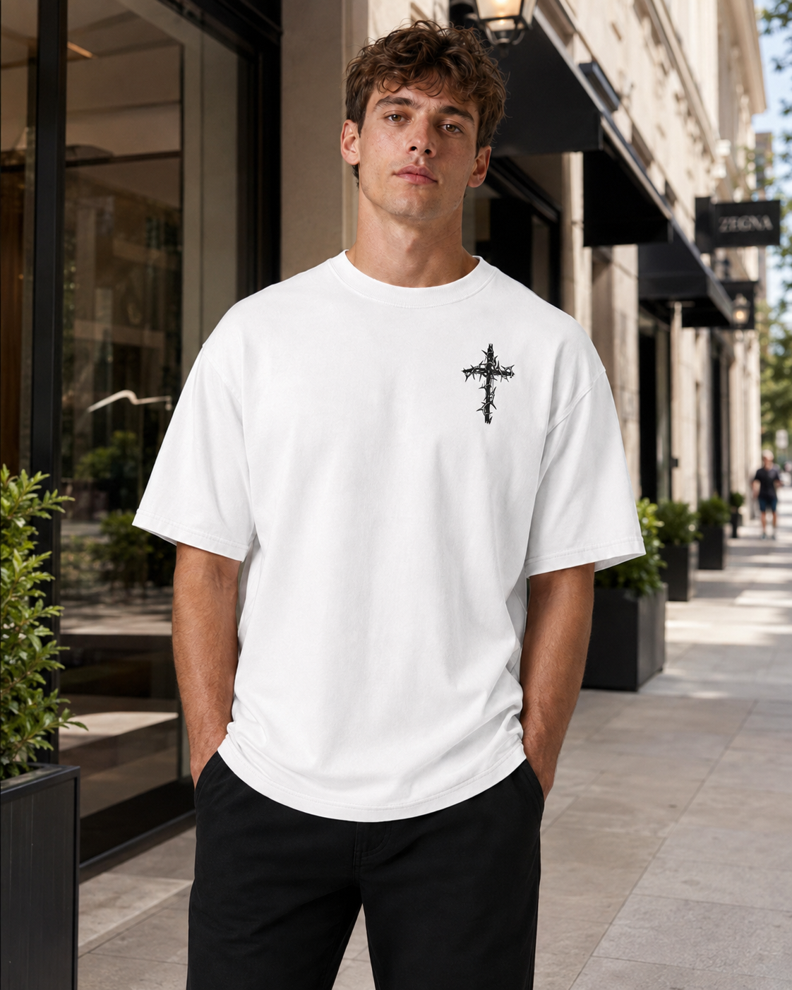 Vintage-Wash Short-Sleeve T-Shirt | Double-Sided Thorn Cross Print | Dark Religious Aesthetic | Oversized Unisex Fit