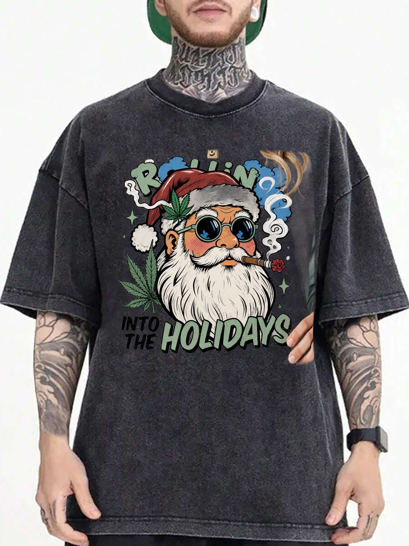 Men's & Women's Vintage Christmas "Into The Holidays" T-Shirt - Oversized Soft Breathable Fabric with Rolling Santa & Leaf Distressed Retro Street Style - Unisex Casual Crew Neck Short Sleeve Top for Year-Round Wear & Holiday Parties