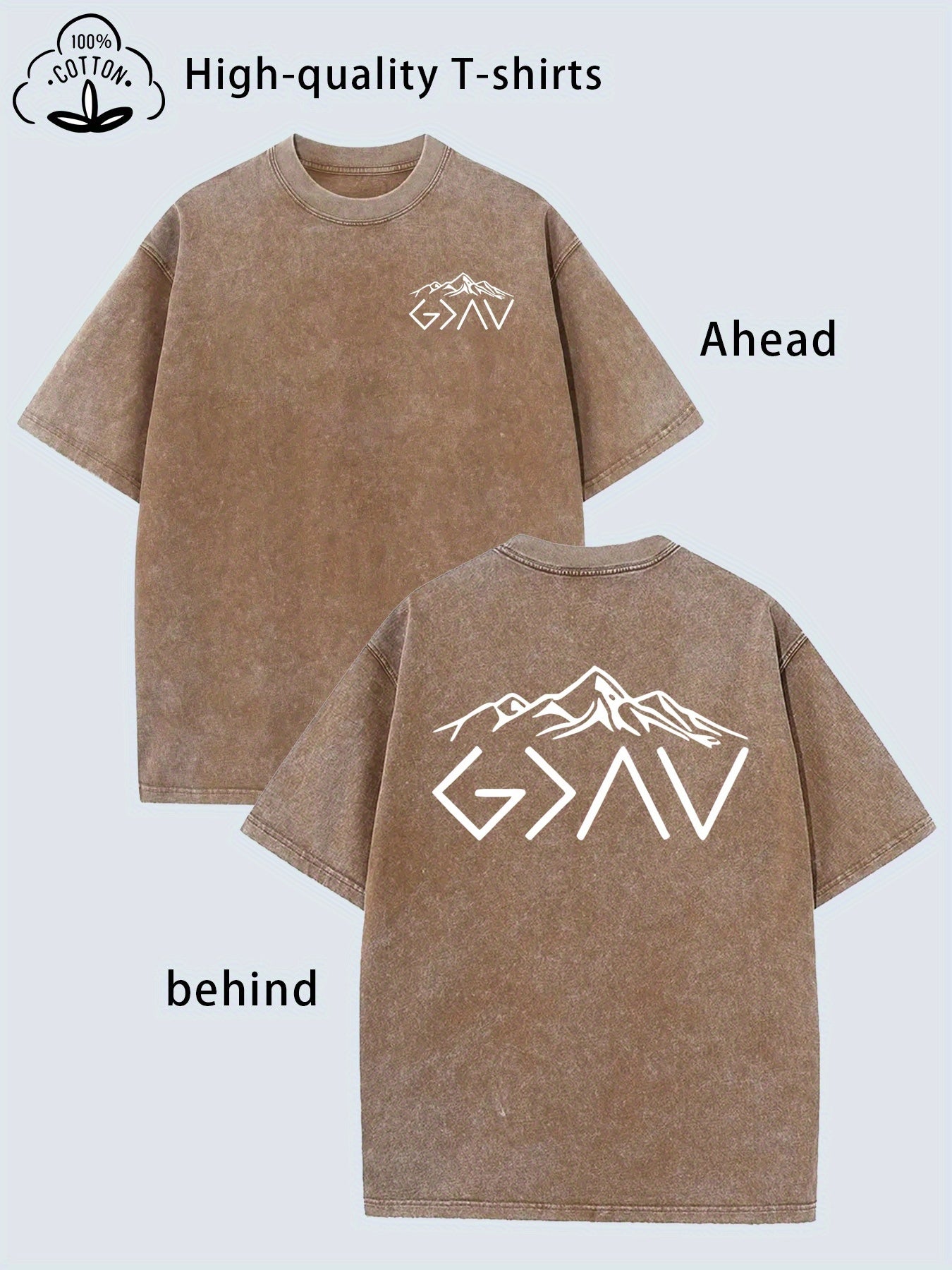 Men'S Heavyweight Vintage Washed T-Shirt - Soft Breathable Fabric with Mountain Graphic Print, Loose Fit Streetwear Tee for Everyday & Outdoor - All-Season Casual Shirt (Brown/White) - Ideal for Hiking, Camping, Urban Style, Camping Attire