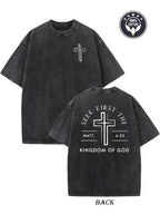 Couples Vintage Washed Printed T Shirt Cross Pattern Embroidered Design Round Neck Short Sleeve Loose Fit Straight Hem Christian Inspiration Graphic Tee