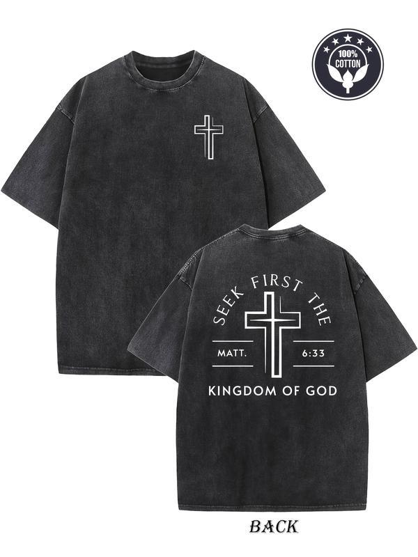 Couples Vintage Washed Printed T Shirt Cross Pattern Embroidered Design Round Neck Short Sleeve Loose Fit Straight Hem Christian Inspiration Graphic Tee
