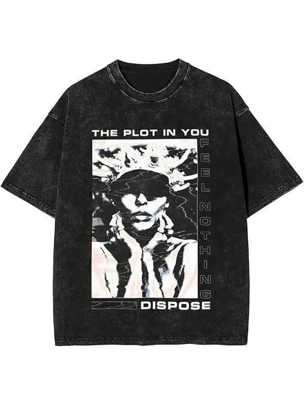 Couples Retro Washed Print T Shirt Featuring Abstract Portrait Design With Bold Text Elements Crew Neck Short Sleeve Regular Length Relaxed Fit Hem Detail Artistic Graphic Expression