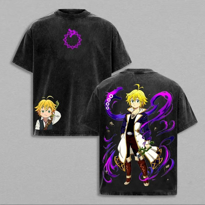 Vintage-Wash Short-Sleeve T-Shirt | *The Seven Deadly Sins* Meliodas Double-Sided Print – Japanese Anime Style, Unisex Oversized Fit