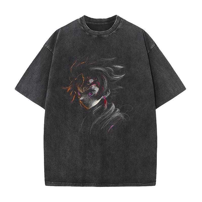 Demon Slayer Manga Kamado Tanjirou T-shirt for Men Clothing Tops Washed Oversized T Shirt Cotton Short Sleeve Graphic Tees Menswear Vintage