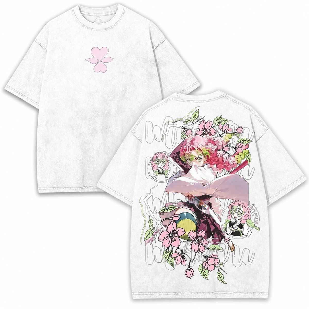 Vintage-Wash Short-Sleeve T-Shirt | *Demon Slayer* Mitsuri Kanroji Cherry Blossom Double-Sided Print – Oversized Unisex Anime Tee