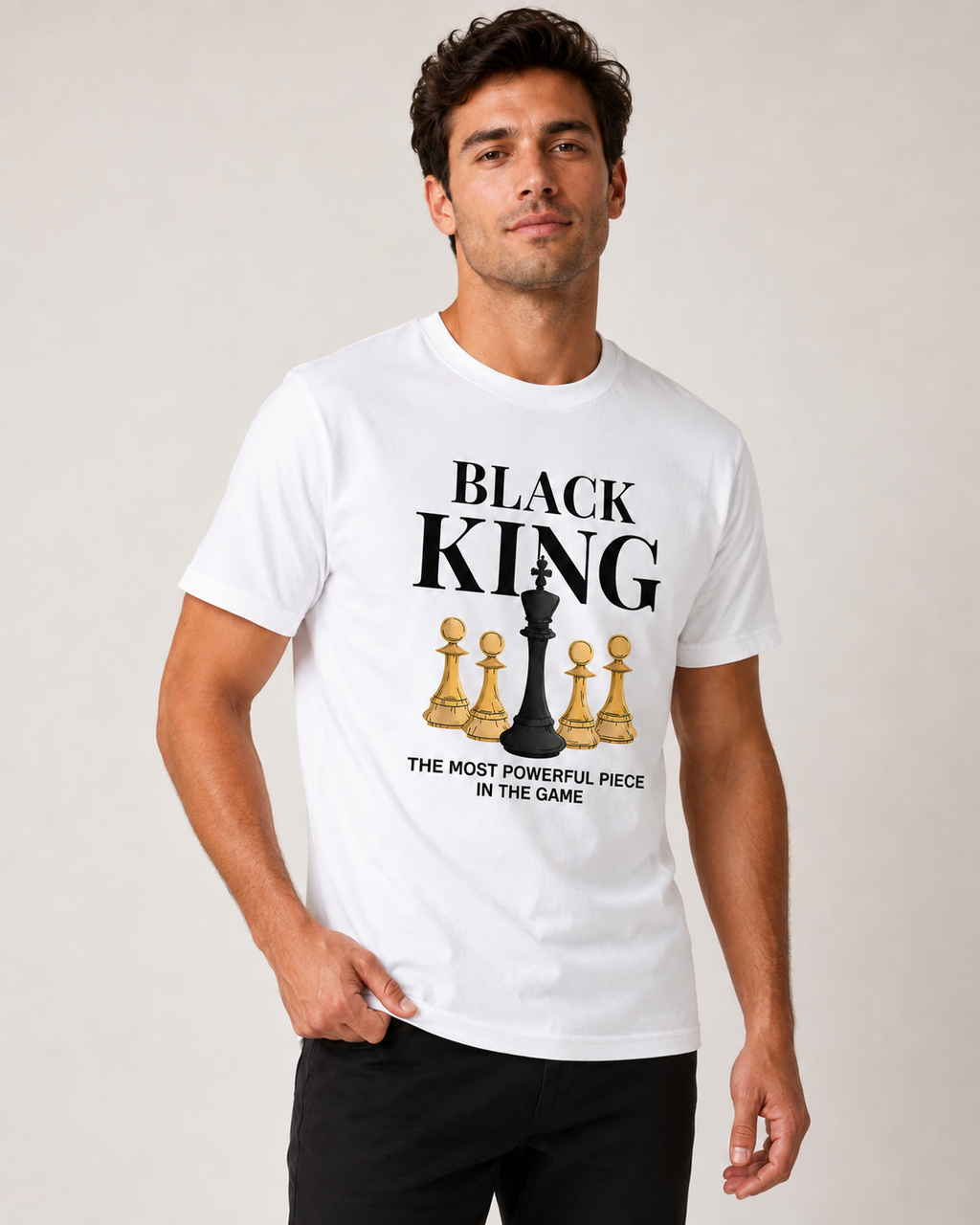 American Streetwear Style "Black King" Theme T-Shirt – Loose-Fit Casual Unisex Tee with Checkerboard & Chess Piece Print