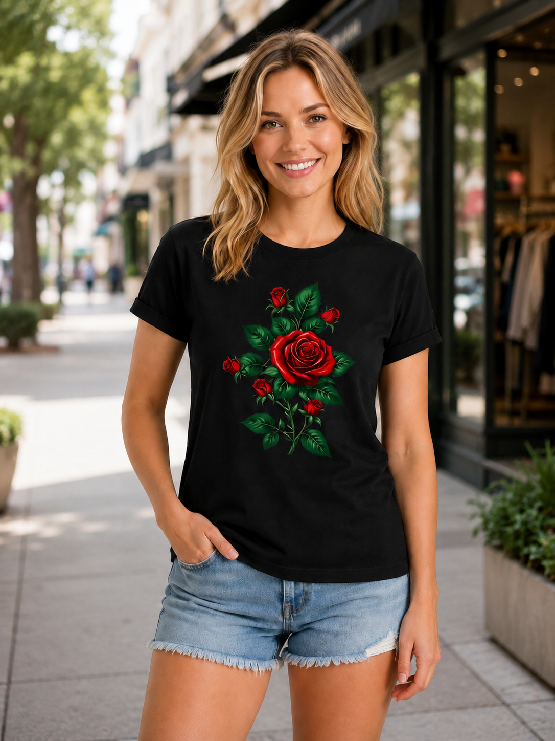 Women's Pure Cotton Short-Sleeve T-Shirt – Vintage Red Rose Floral Print, Crew Neck, Loose Casual Top