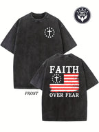 Vintage "Faith Over Fear" Duplex Printing Washed 230G Drop Shoulder T-Shirt | Unisex Retro Street Basic Loose Fit Hip Hop Top, Crew Neck, All-Season Wear