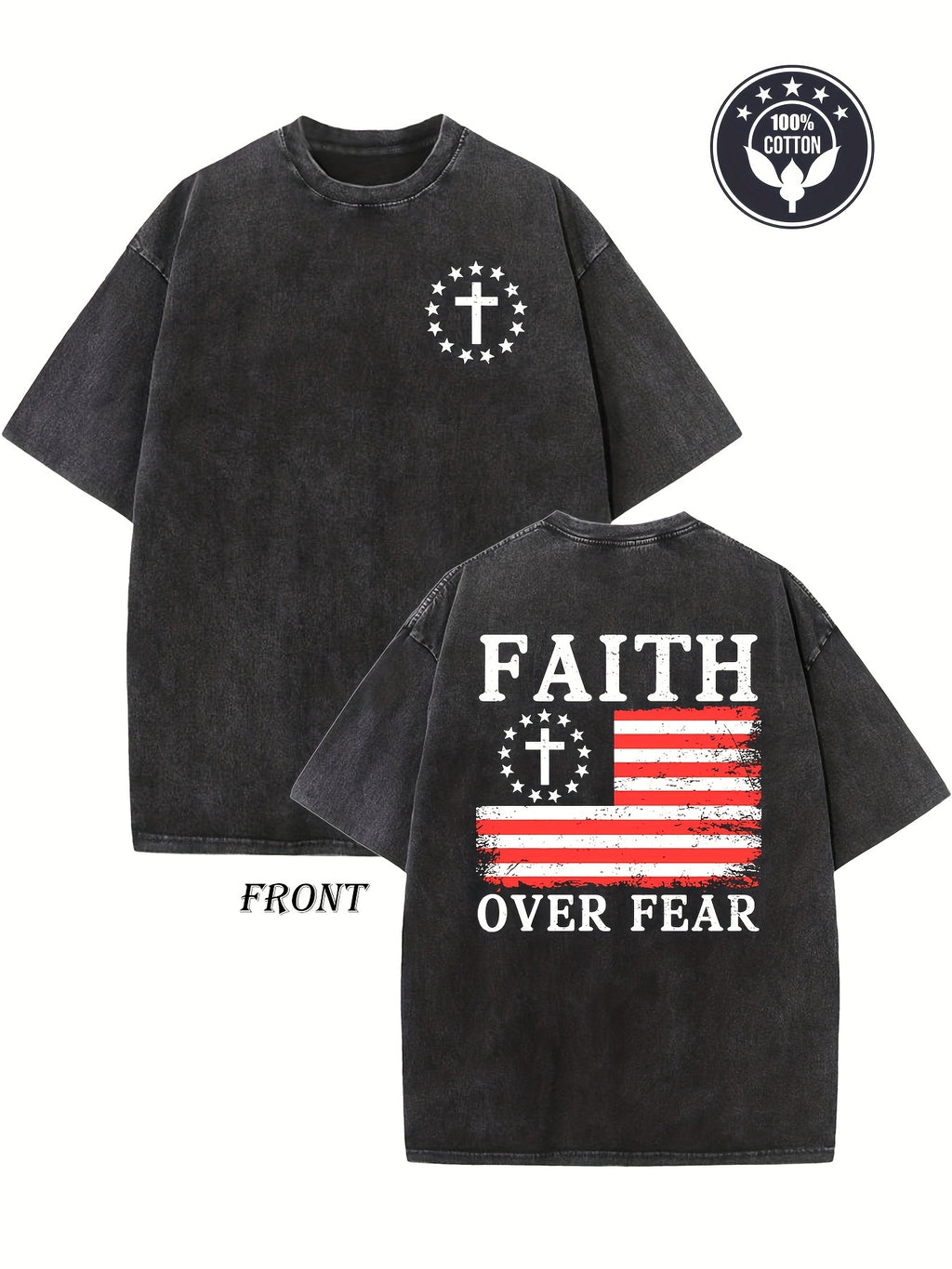 Vintage "Faith Over Fear" Duplex Printing Washed 230G Drop Shoulder T-Shirt | Unisex Retro Street Basic Loose Fit Hip Hop Top, Crew Neck, All-Season Wear