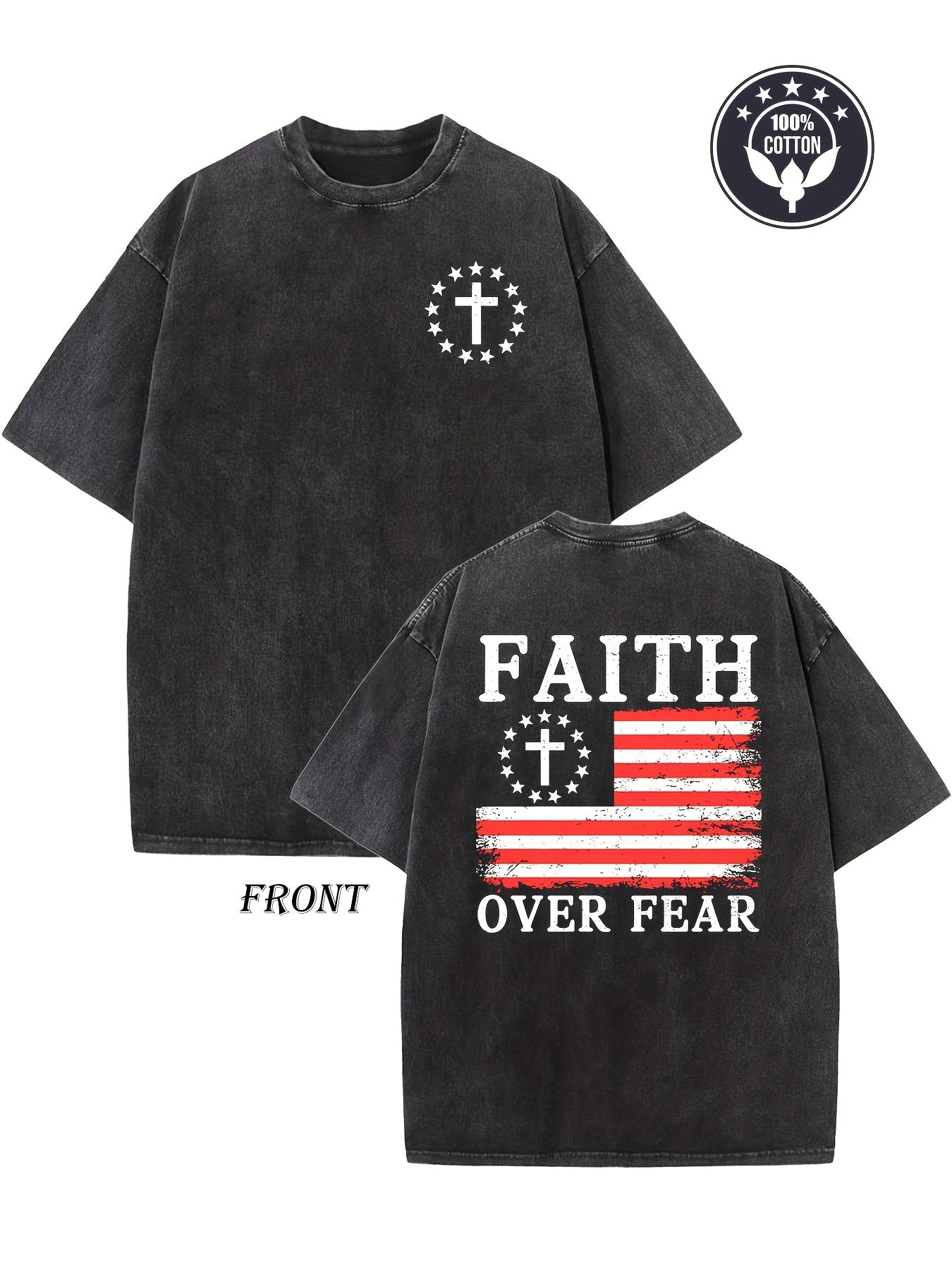 Vintage "Faith Over Fear" Duplex Printing Washed 230G Drop Shoulder T-Shirt | Unisex Retro Street Basic Loose Fit Hip Hop Top, Crew Neck, All-Season Wear