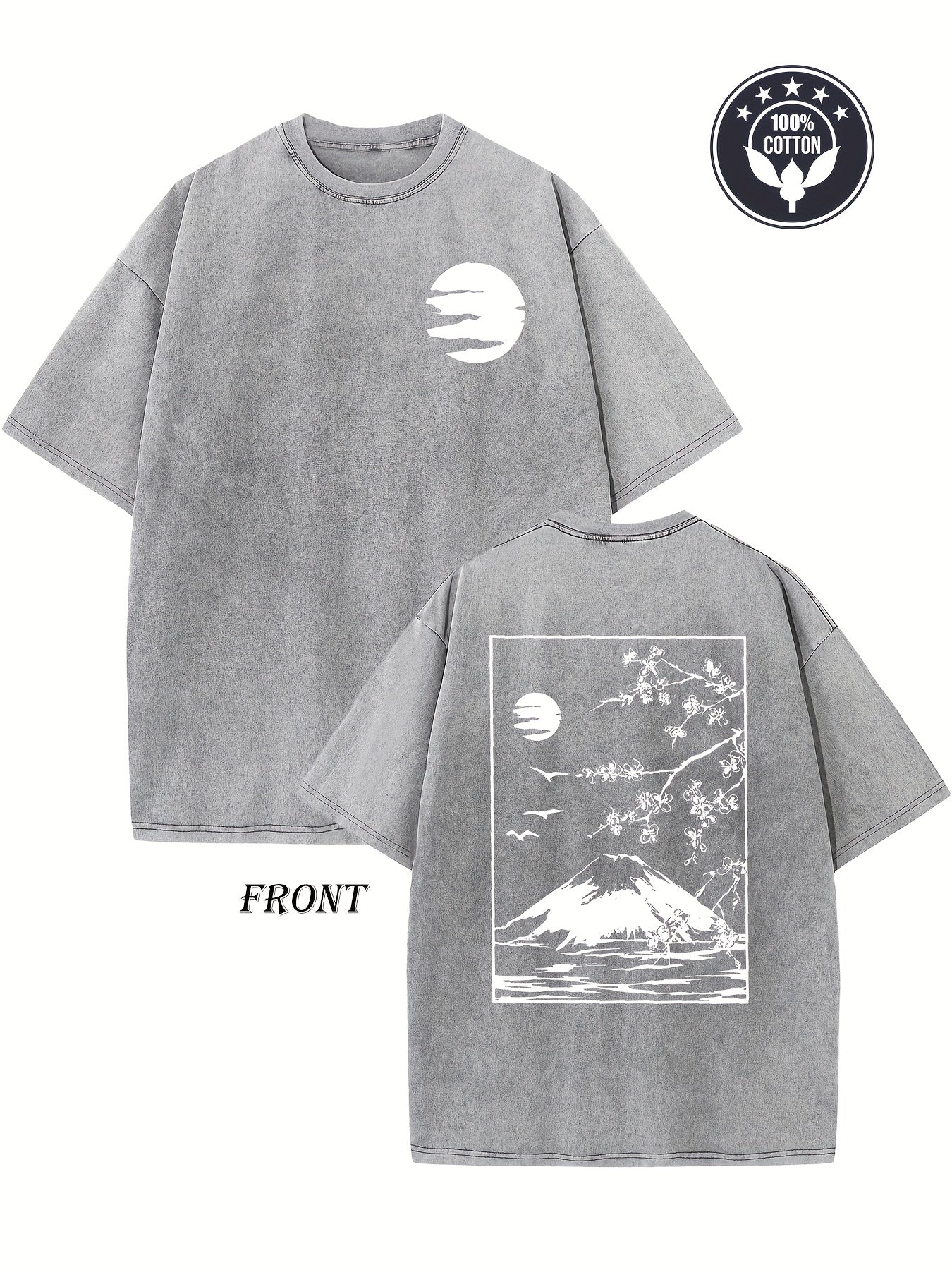 Men'S & Women'S Heavyweight 230gsm Vintage Japanese Cherry Blossom & Mount Fuji T-Shirt - Double-Sided Washed Print, Oversized Drop Shoulder Fit, Casual Streetwear, Unisex Retro Graphic Tee for All-Season (/)