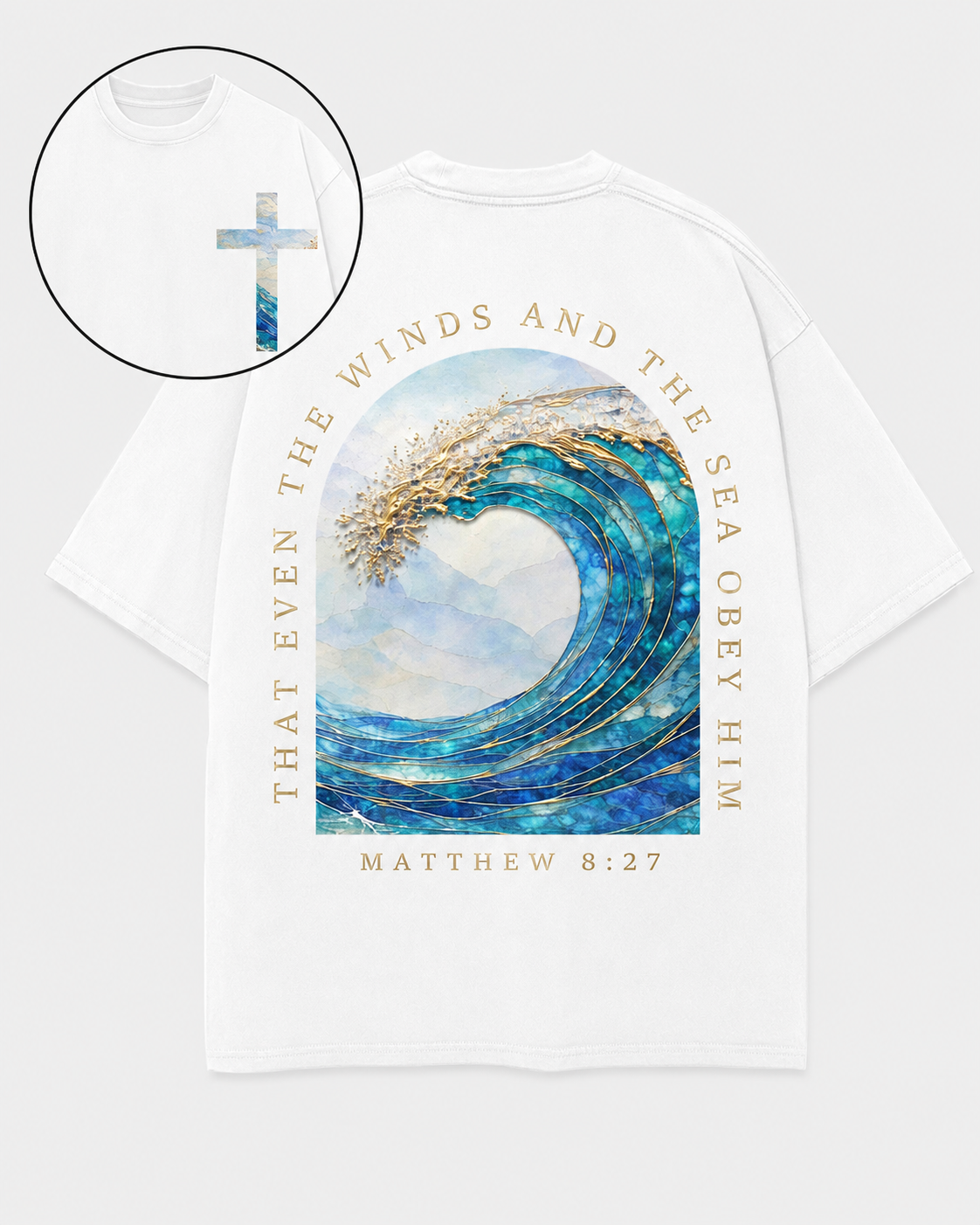 Vintage-Wash Short-Sleeve T-Shirt | Double-Sided Print: Matthew Scripture, Ocean Wave, and Cross | Faith-Inspired Oversized Unisex Fit