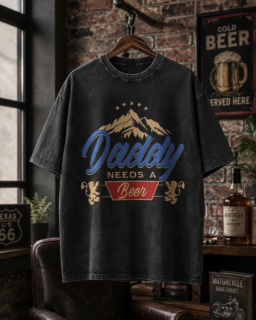 American-style vintage "dirty-wash" T-shirt with a fun slogan; features a distressed, faded finish—a versatile, casual short-sleeve top perfect for Father's Day.