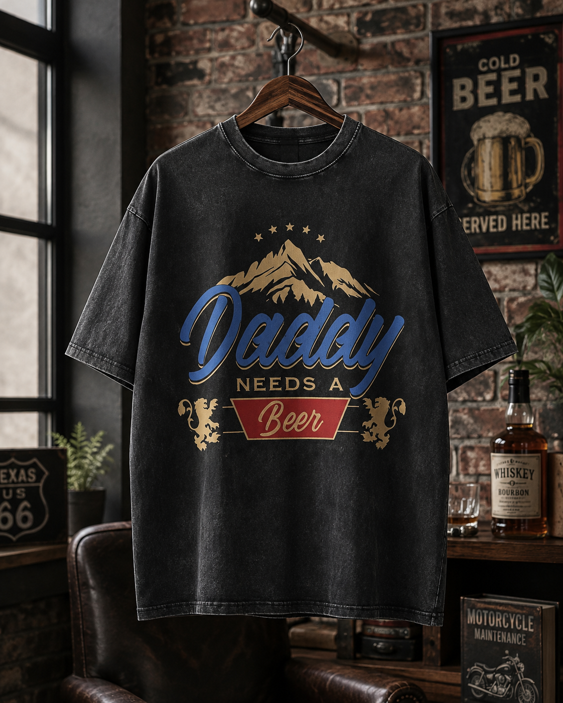 American-style vintage "dirty-wash" T-shirt with a fun slogan; features a distressed, faded finish—a versatile, casual short-sleeve top perfect for Father's Day.